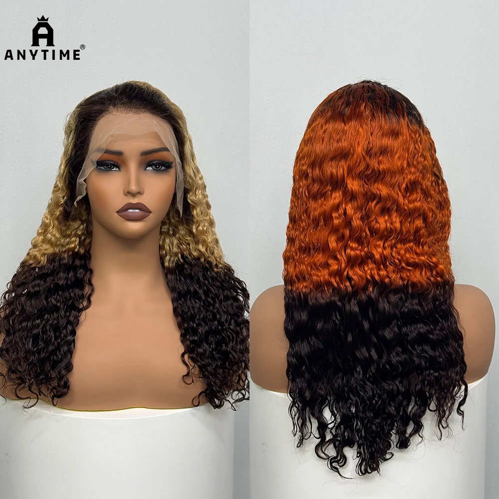 220% Density Ombre Color 22 Inches Water Wave Curly Human Hair Wigs 13x4 Transparent Lace Frontal Hair Wig for Black Women