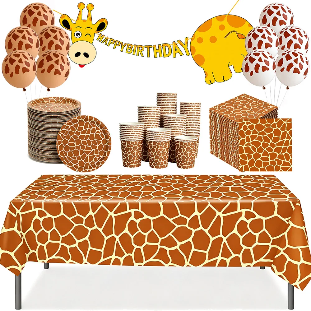 Partyzubehör mit Giraffenmotiv, Giraffenmuster, Geschirr, Teller, Tassen, Servietten, Tischdecke, Banner, Giraffenballon, Babypartys, Party