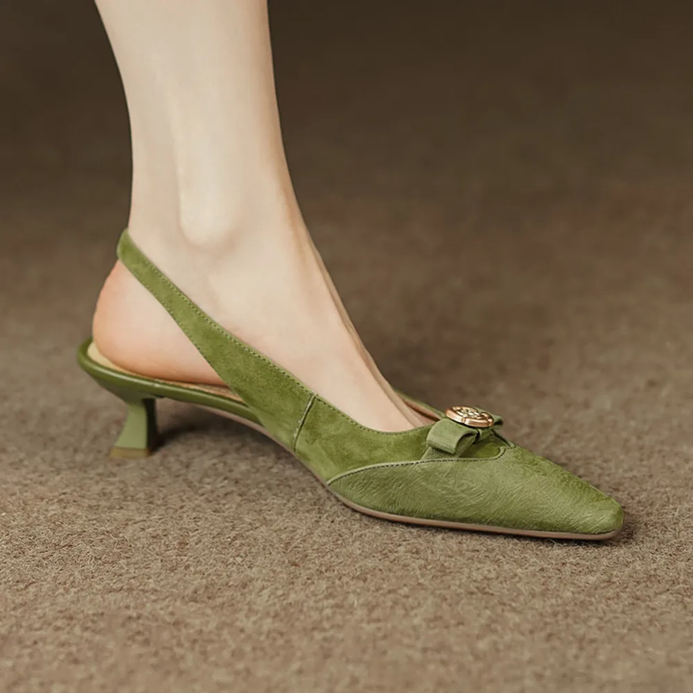 

Women's cow leather suede leather patchwork slingback thin high heel pointed toe slip-on pumps elegant ladies bowtie sandals hot