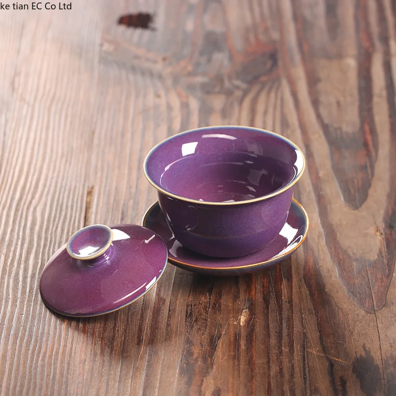 Jun Kiln gaiwan ceramic Jun purple Sancai tea cup Chinese kiln glaze high-grade kung fu tea set single porcelain bowl