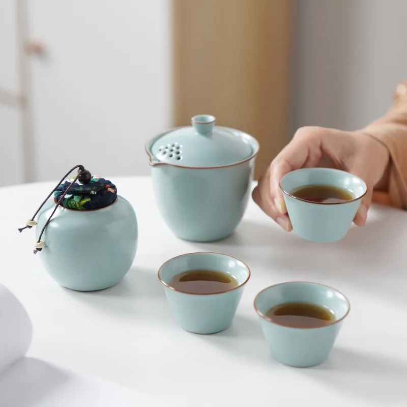 Ru Kiln Travel Tea Set Portable Outdoor Teaware One Pot Three Cups Suit Tea Ceremony Supplies Home Beauty Infuser