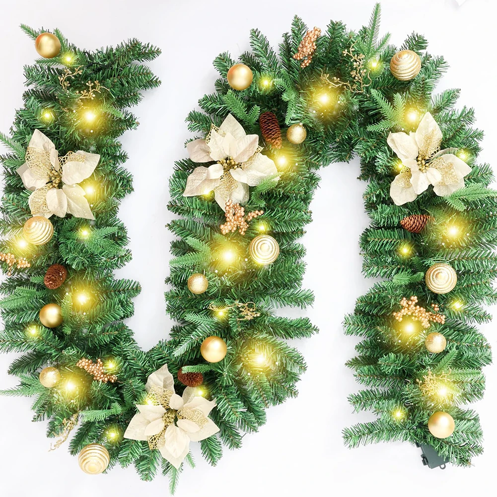 

Pre-Lit Christmas Garland With Lights 9 Feet 50LED Lighted Xmas Wreath For Front Door Fireplace Table Decoration