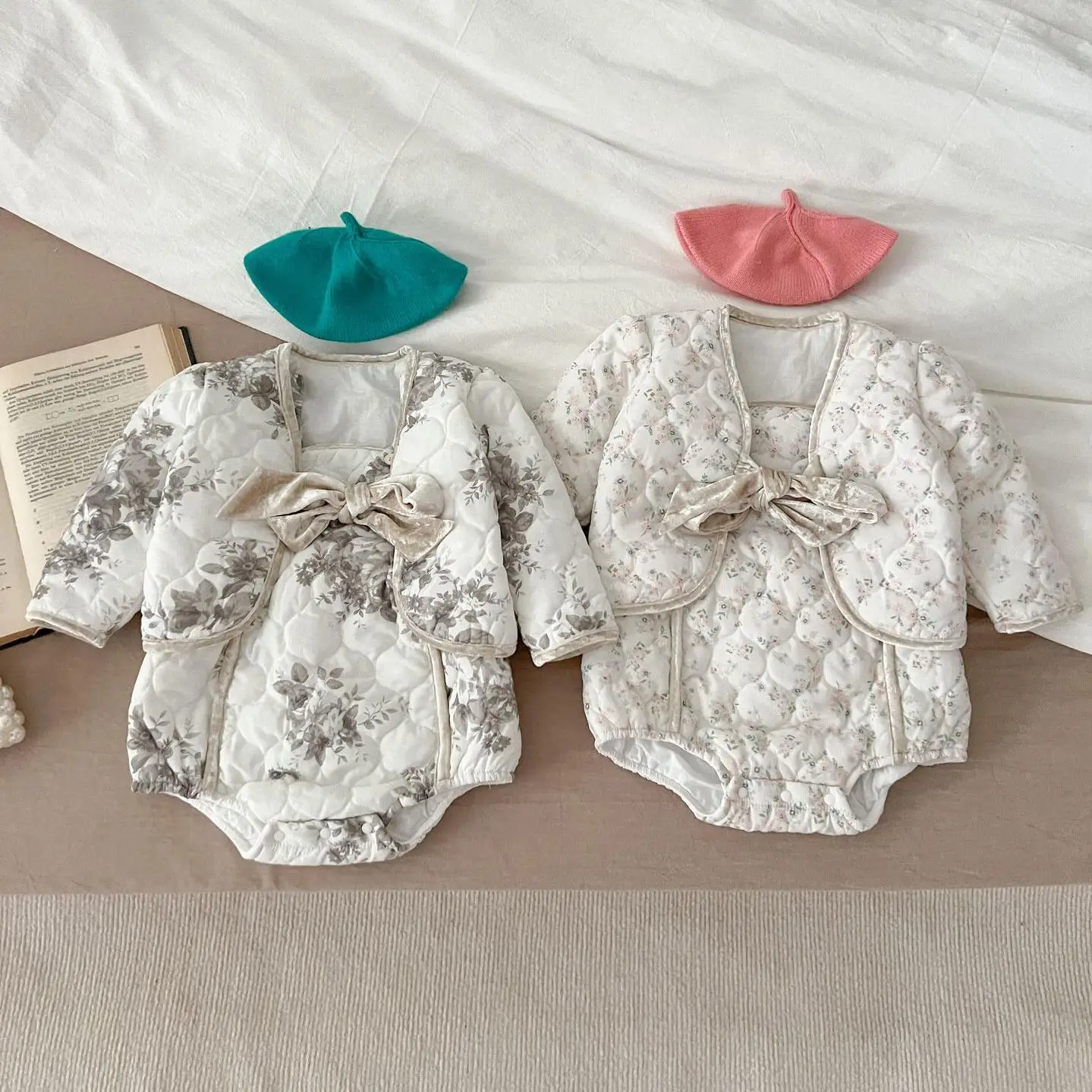 

Autumn Winter Girl Children Floral Print Cotton Coat Suit Fashion Boy Baby Flower Casual Tops Jacket + Suspenders Bodysuit 2pcs