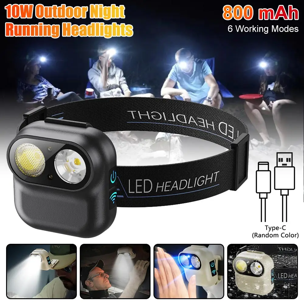 LED Headlamp Zoom Sensor Headlight With Built-in Battery Head Flashlight USB Rechargeable Work Light Head Lamp Bright Torch