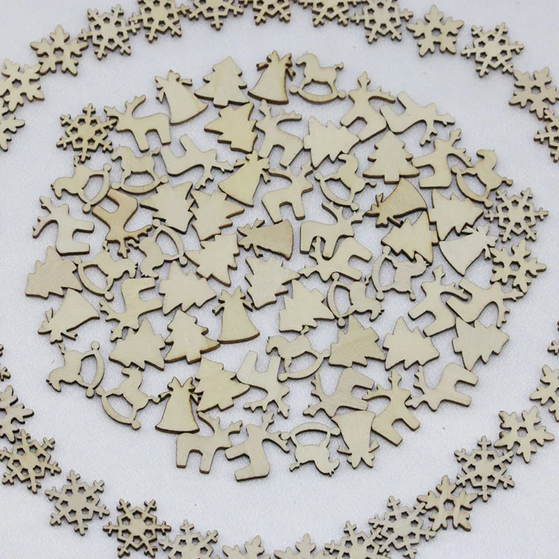 (100 Pcs/pack)Mini Wooden Hanging Christmas Decorations Semi-finished Hollowed-out Wooden Crafts Xmas Tree Hanging Gift Tags DIY