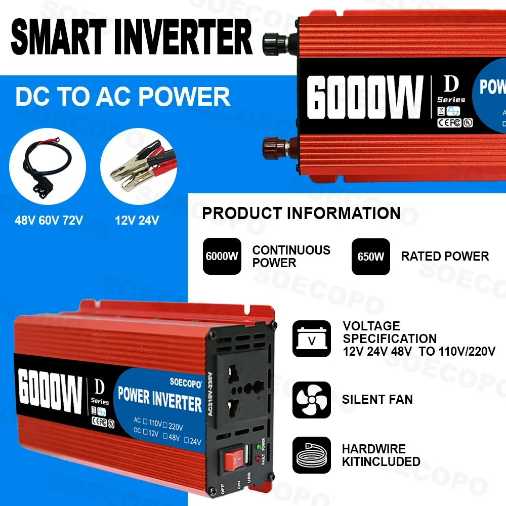 6000W Portable Smart Inverter 12V/24V/48V to 110V/220V AC with USB Port & Alligator Clamps for RVs Trucks Worldwide CE Certified