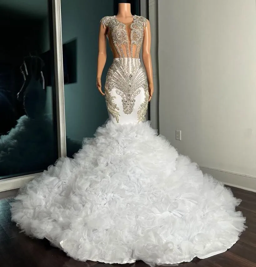 

Silver Diamond Mermaid African Wedding Dress 2024 Sparkly Crystal Ruffles Tiered Skirt Train Sheer Top Bridal Gown for Women