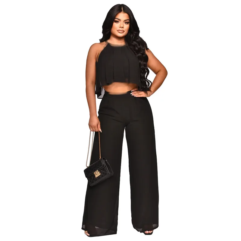 2024 New Fashion and Sexy Versatile Sleeveless Open Navel Top Chiffon High Waist Loose Women's Pants Two Piece Set