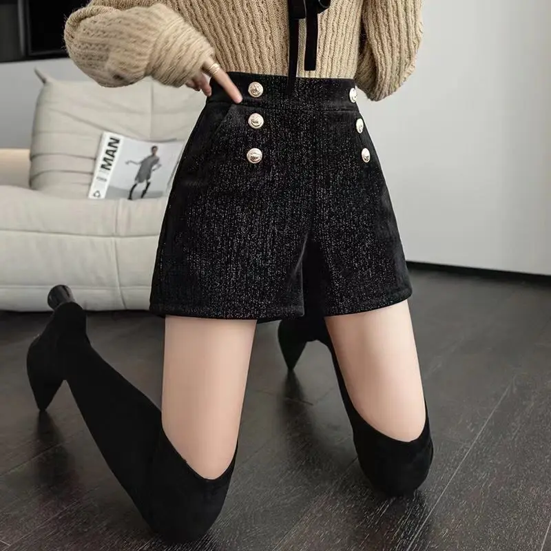 Autumn Winter New Fashion High Waist Black Shorts Solid Color All-match A-line Wide Leg Pants Casual Elegant Women Clothing