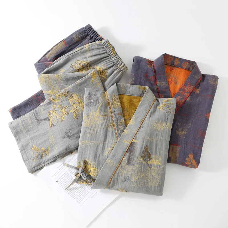 Retro Print Men's Sleepwear Cotton Men Autumn New Loose Nightwear Set Kimono Pajamas Top And Long Pants Loungewear