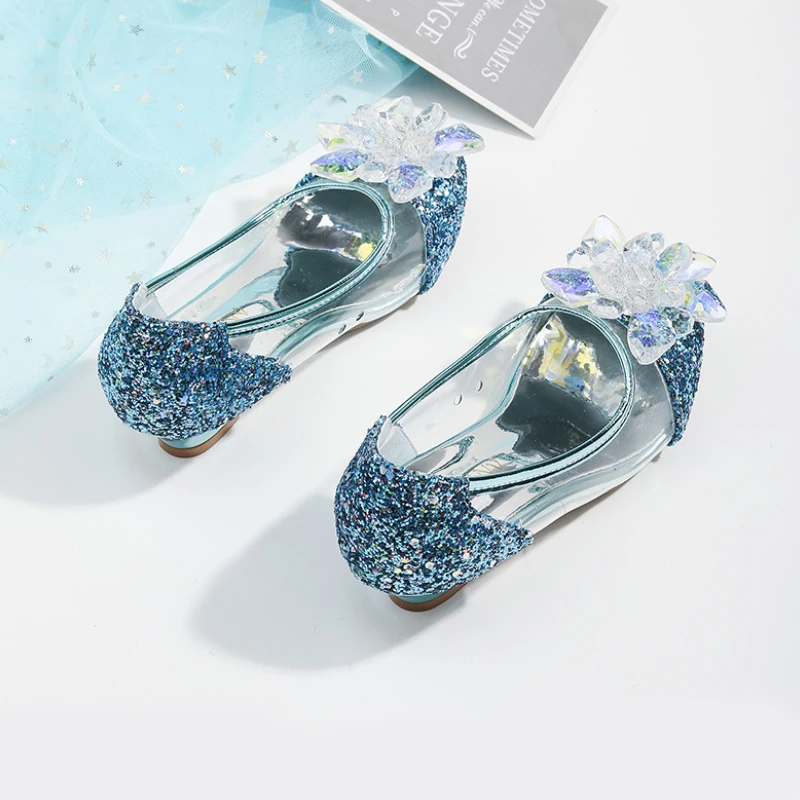 Pink Blue Princess Dance Shoes for Girls Low Heels for Kids Birthday Party Glitter Crystal Diamond Shoe Child Gown Leather Shoes 4