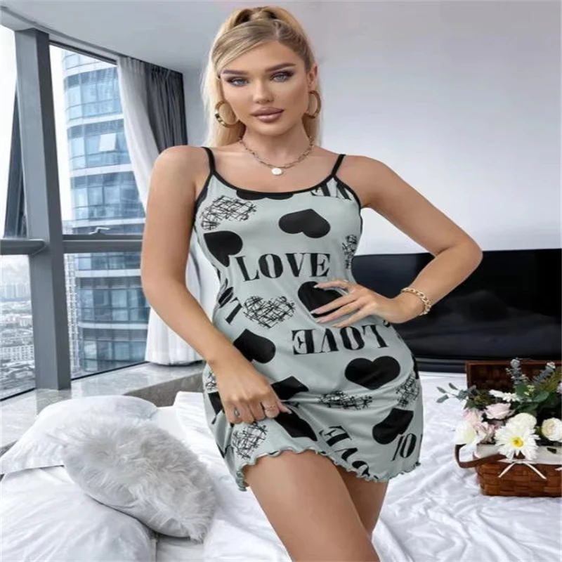 New Yellow Love Heart Nightgown Women's Mini Sleep Dress Spaghetti Strap Cami Sleepwear Casual Summer Gift TrendyPrintLoungewear