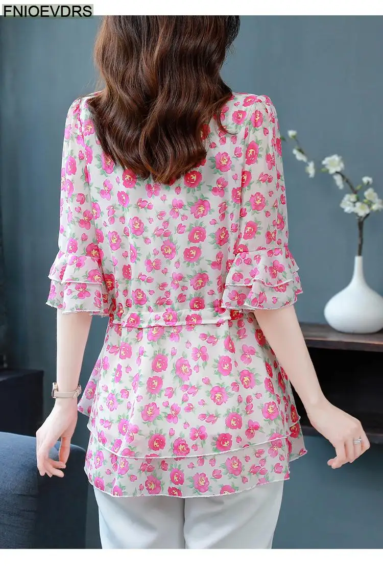 S-4XL Loose Clothes 2023 Women Summer Short Sleeve Elegant Ruffles Shirts Casual Chiffon Floral Tunic Peplum Tops And Blouses