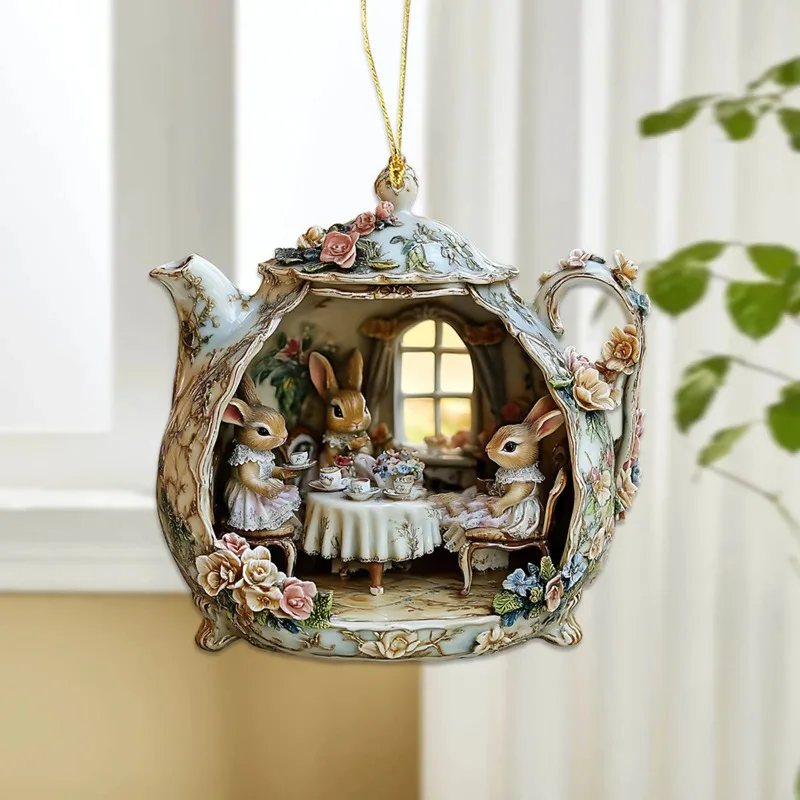 Rabbit in Teacup 2D Acrylic Pendant - Stained Glass Style Hanging Ornament for Backpack/Car Mirror/Window, Warm Home Decor