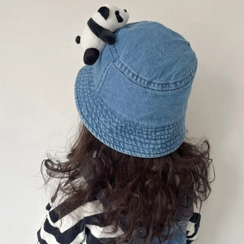 Denim Baby Bucket Hat 3D Panda Kids Sun Hat Outdoor Child Panama Cap Sun Prontction Toddler Hats Children Accessories 48/52cm 4