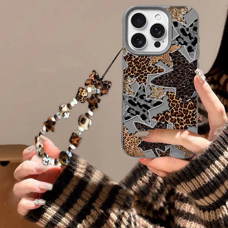 Leopard Print Star Hand Rope Phone Case