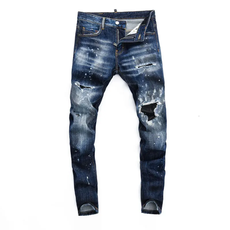 Fashion Street Clothing Men's Jeans Vintage Blue Elastic Slim Fit Paint Dotted Split Jeans Men's Patch Designer Hip Hop Brand Pa