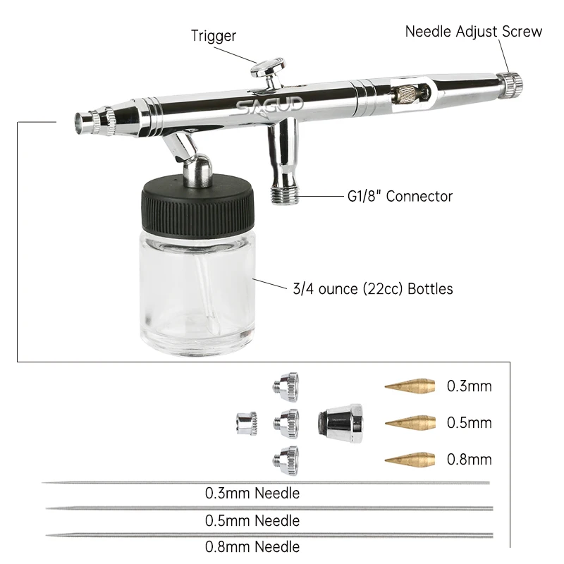 SAGUD Side Feed Airbrush Kit 0.3mm Double Action Air Brush Gun Set with  0.2mm 0.5mm Nozzles Needles Air Caps, Hose, Adapter, Mini Airbrush Filter  for