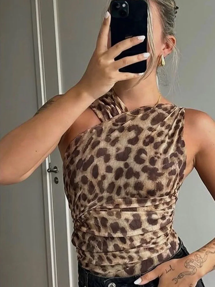 

Tossy Mesh Print Leopard Print Jumpsuit Women's Fashion Sleeveless Slim Smocked Contrast Color Summer Streetwear Y2k Jumpsuit