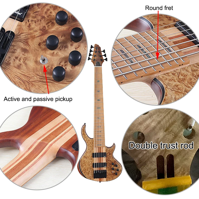 Tree Burl Top 7 String Electric Bass Guitar 43 Inch Active Guitar Neck Through Solid Okoume Wood Body High Grade