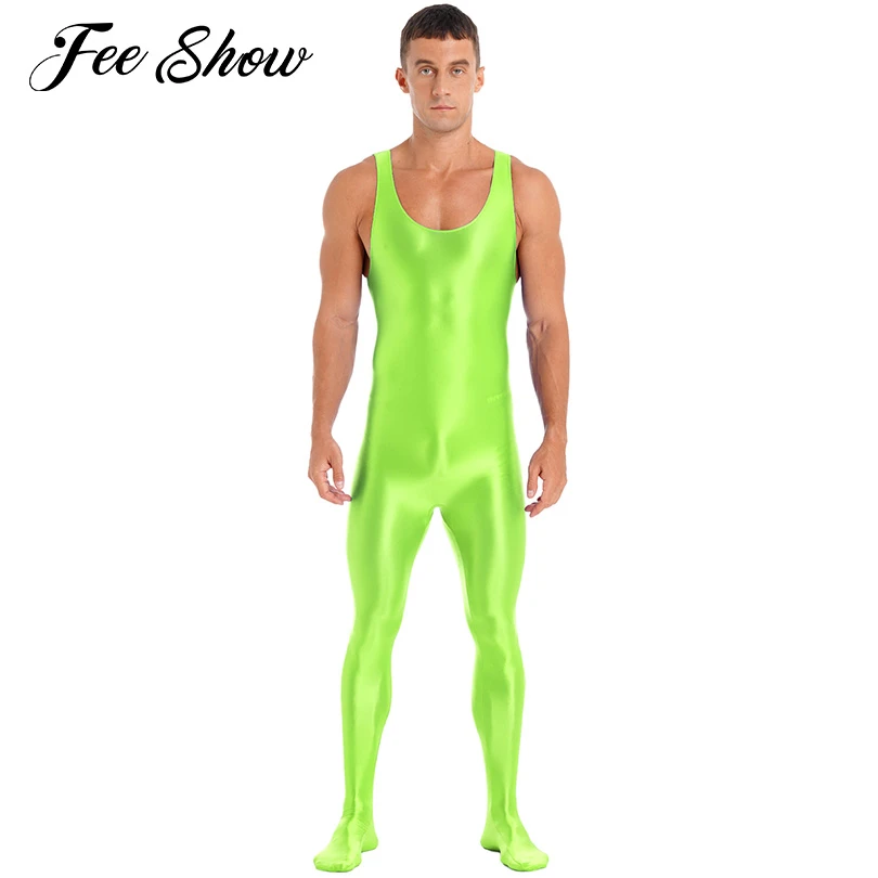 Glossy Sexy Onepiece Swimsuit Men Sleeveless Shiny Tights Body Suits