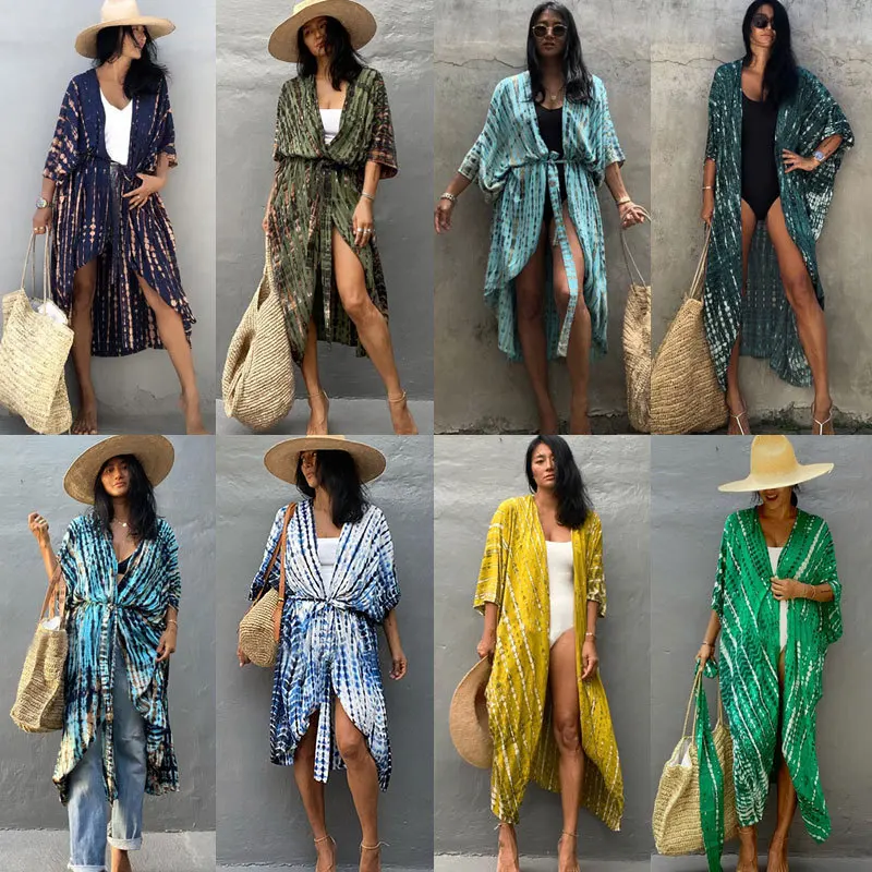 Beach Cover Ups For Swimwear Women Black Tie Dye Kimono Swimsuit Cape Summer Dress Beachwear Outfit Oversized Loose swimsuit cover up