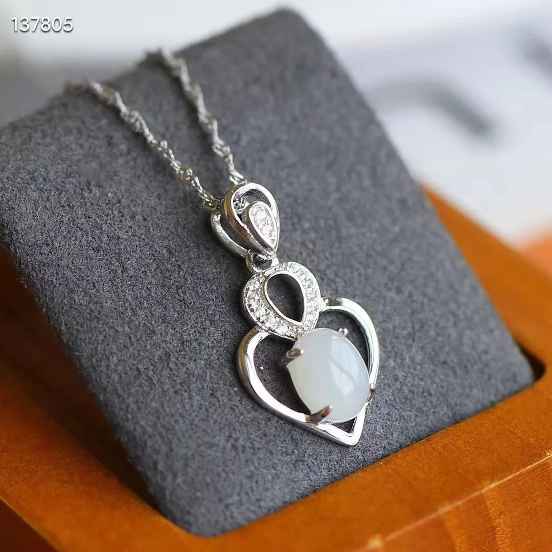 

Natural 100% real Sterling Silver necklace mosaic white hetian jade Love Shape pendant jewellery for woman gifts Bless peace