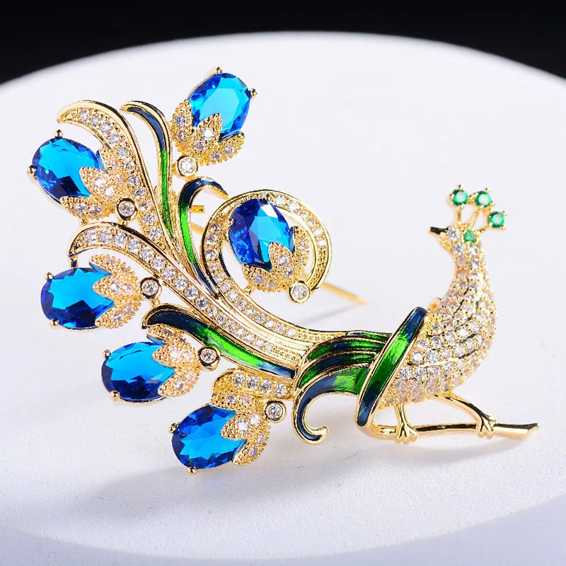 OKILY Delicate Colorful Zircon Peacock Brooches Elegant Enamel Animal Bird Pin and Brooch for Woman Accessories Trendy Jewelry