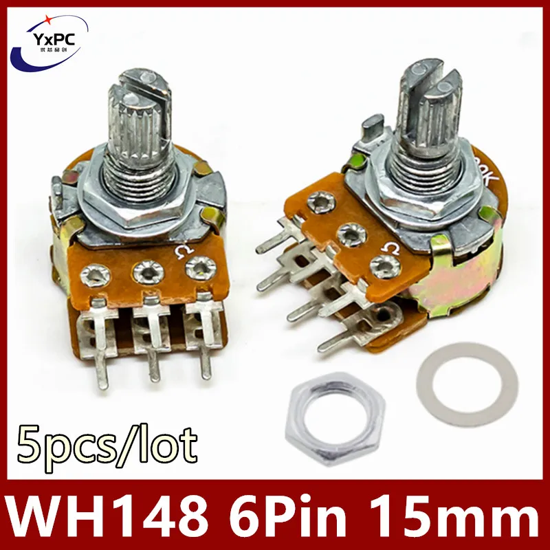 5pcs WH148 Potentiometer 6Pin 15mm B 1M 1K 2K 5K 10K 20K 50K 100K 250K 500K Ohm Linear Taper Rotary Potentiometer for Arduino 1 0 channel mono volume potentiometer 10k 50k 100k 250k dale 23 step attenuator for amplifier better than alps