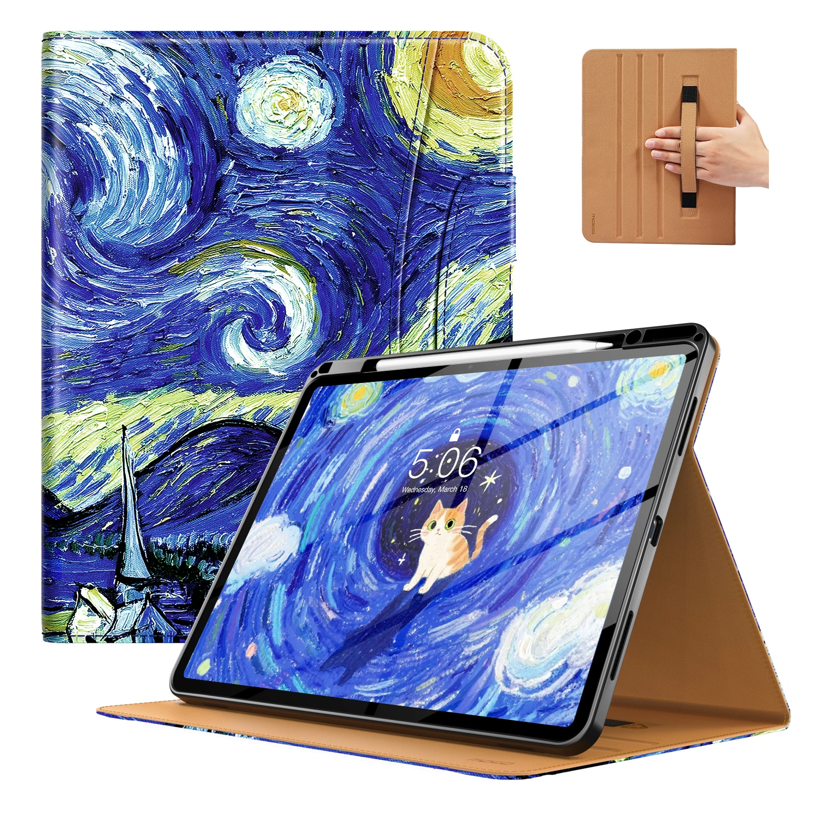 Premium Leather Folio Stand Cover with Pencil Holder, Hand Strap & Pocket