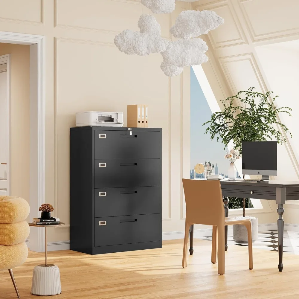 4 Drawer File Cabinet with Lock, 4 Drawer Steel Wide Filing Organization Storage Cabinets, Steel Lateral File Cabinet for