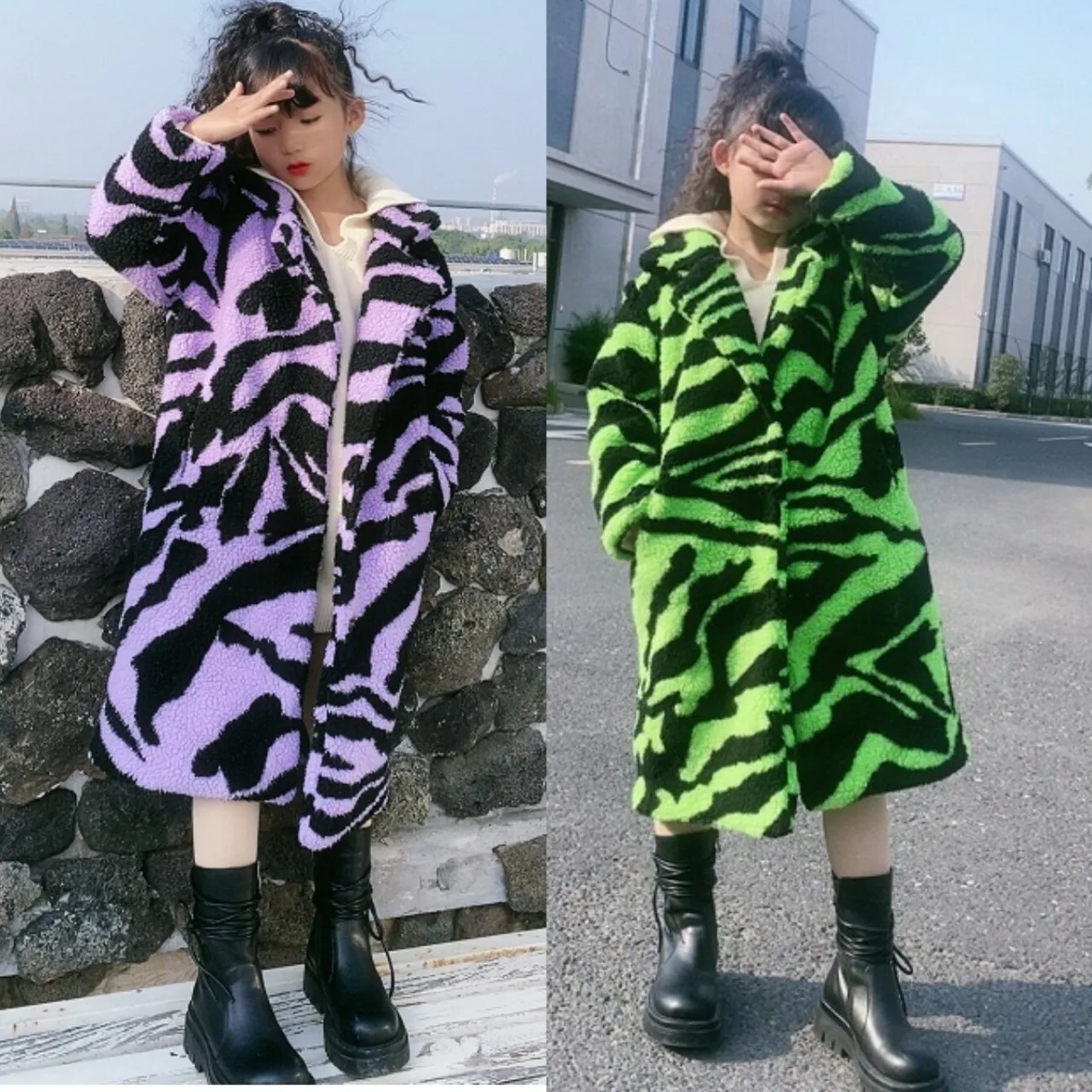 

Children's New Fur Imitation Lamb Fur OverCoat Autumn Winter Girls Loose Zebra Pattern Suit Collar Long Coat