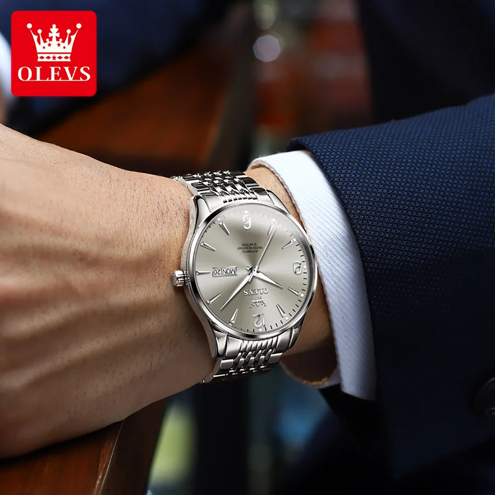 OLEVS 9928 Watch For Men Fashion Number Scale Dual Calendar Automatic Wristwatch Top Brand Waterproof Man Mechanical Watches