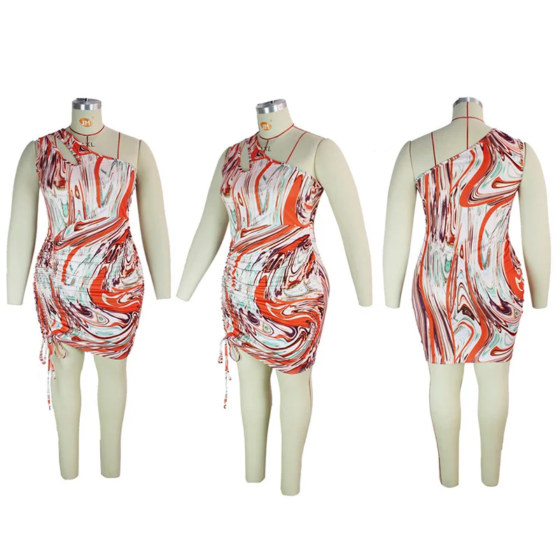 Summer Club Sexy Printing Hollow Out A-line Skirt Oblique Shoulder Slim Shirring Sleeveless Bag Hip Plus Size Dress for Women