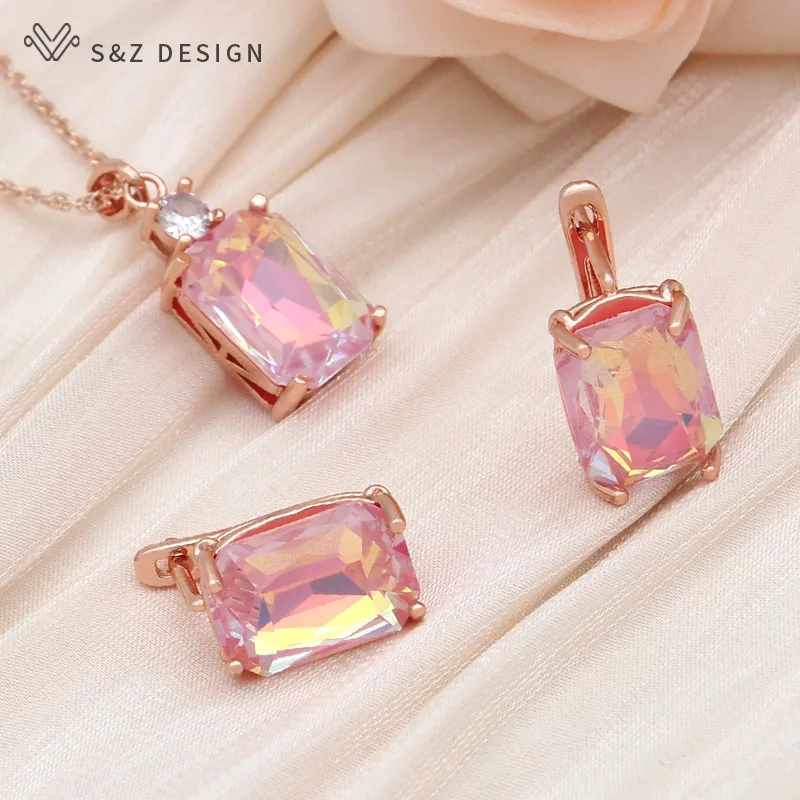 S&Z DESIGN New Fashion Colorful Rectangle Crystal Dangle Earrings Jewelry Sets For Women Wedding 585 Rose Gold Color Necklace