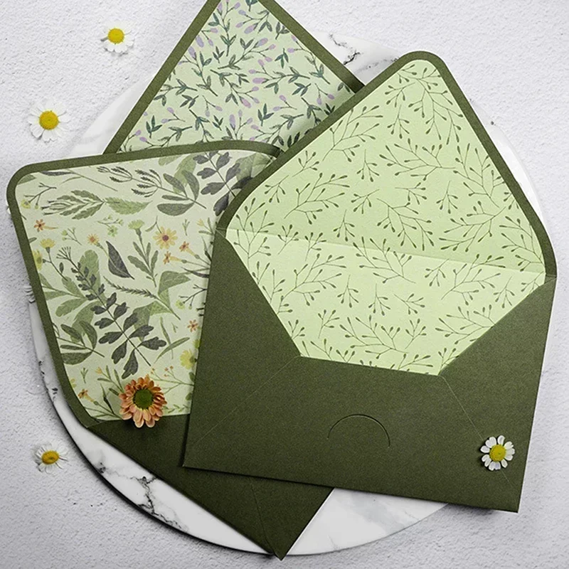 Wedding Invitations 1pc Avocado Green Series Vintage Envelopes Printing Lining Envelopes Invitation Stationary Postcard