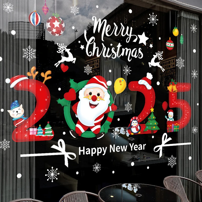 Happy New Year Glass Stickers Creative Christmas Scene Snowflake Window Decals Home Decorations Pvc Static Cling Glass Film