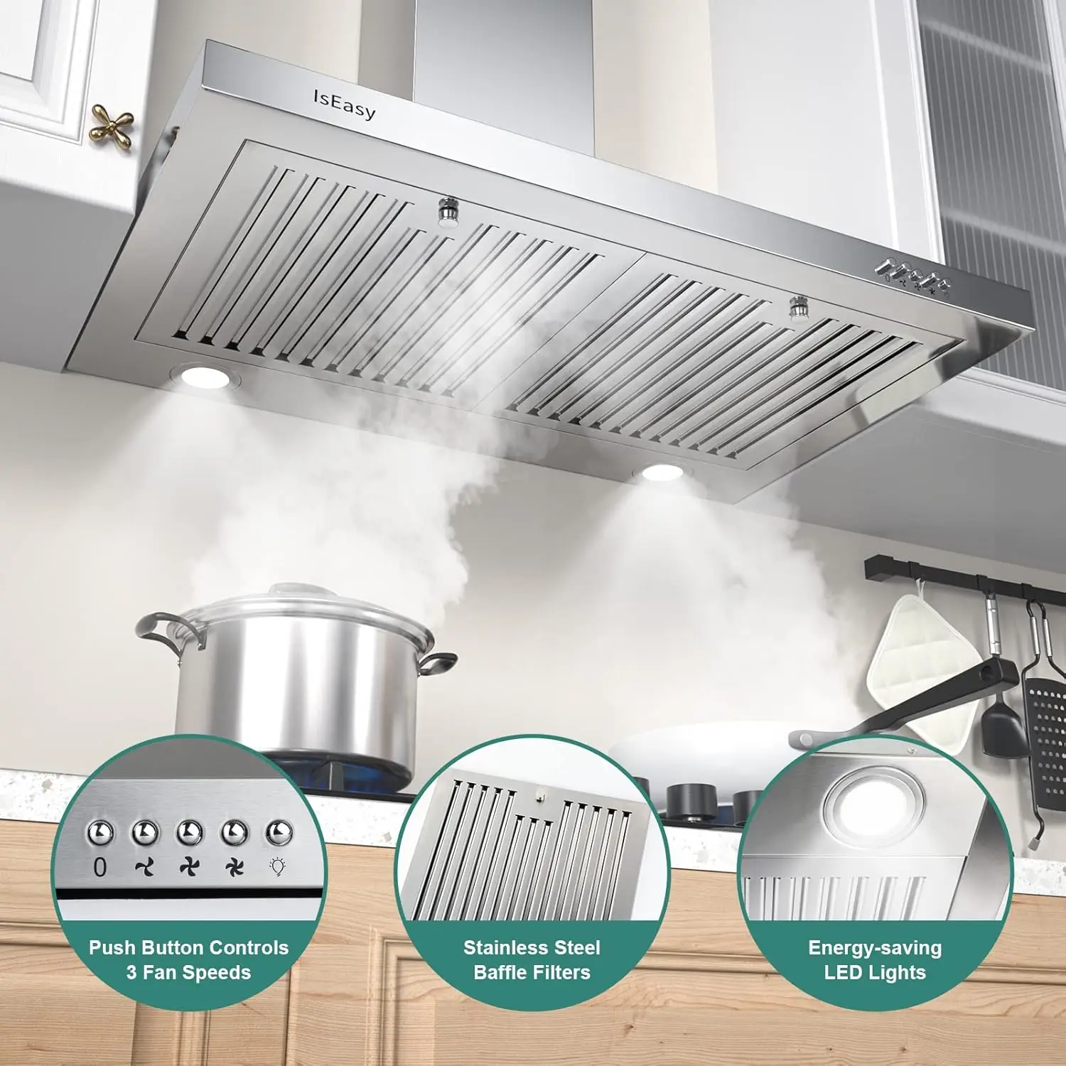 Hood 30 inch, Wall Mount Vent Hood 500 CFM with Ducted Convertible Ductless Kitchen Hood in Stainless Steel, 3 Spee 2