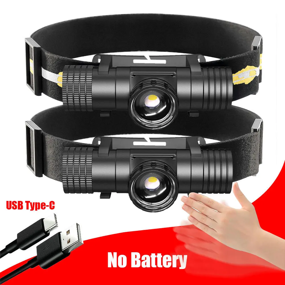 배터리 없음 1*LED 헤드램프 센서 헤드라이트 USB Type-C 18650 마그..