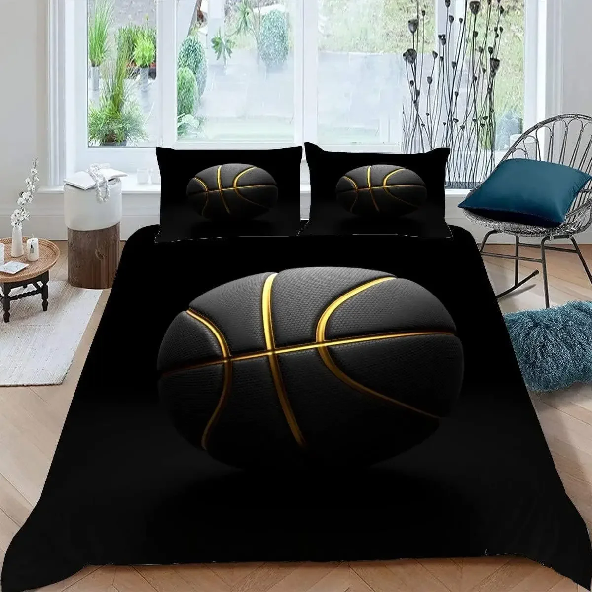 Basketball Comforter Cover Queen Size Sport Dunk Basketball Duvet Covers For Kids Teens, Black Ball Print Bedding Set All Season