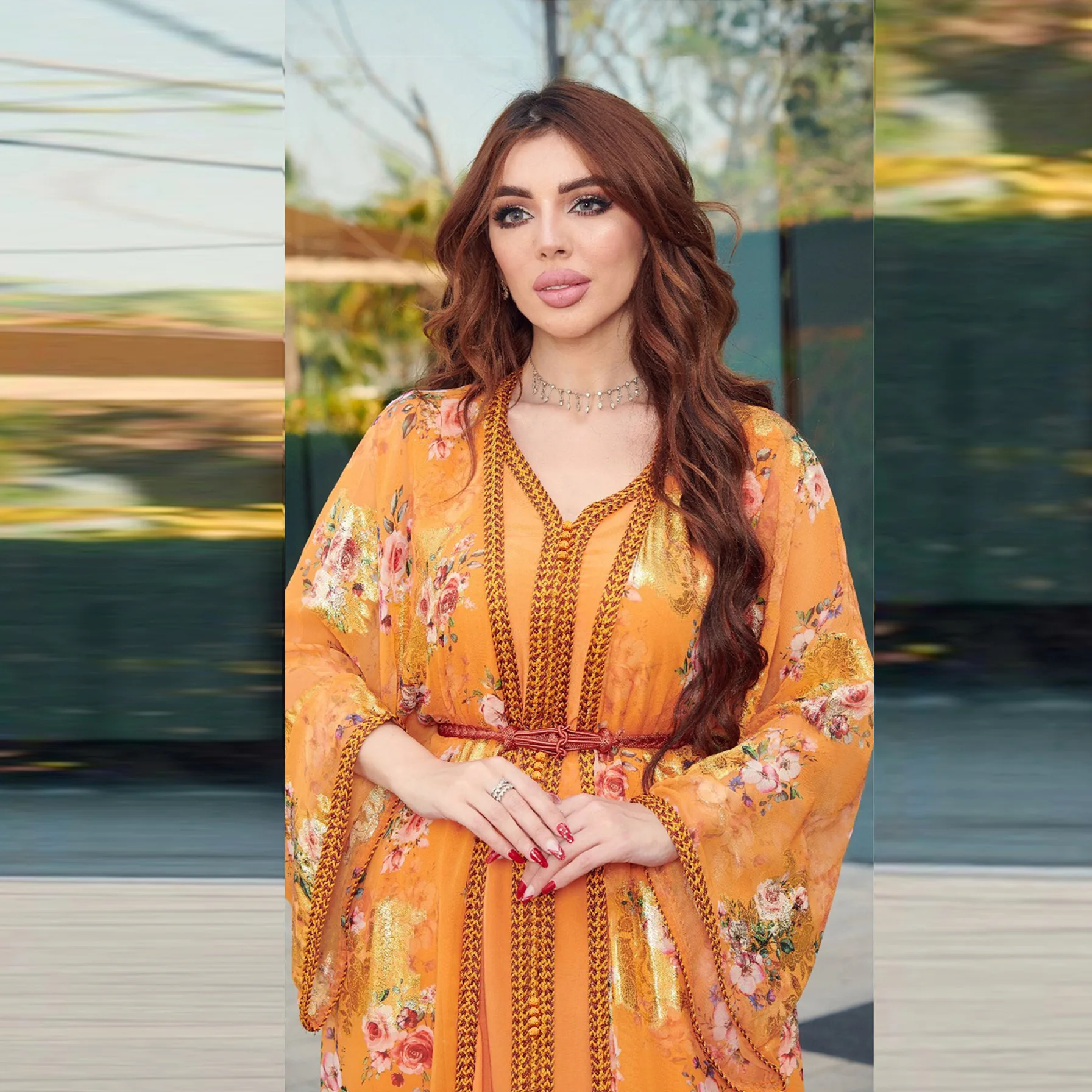 Djellaba Marocaine Two Piece Muslim Dress Chiffon Print Belted Kaftan Ramadan Gown Abayas Islamic Cloth Turkish Women Clothes