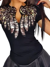 

Fashion Women Sexy V-Neck Tos Elegant Summer Short Sleeve Sequin Wing Party Lady Pullover Solid Color Slim Fit Female Streetwear