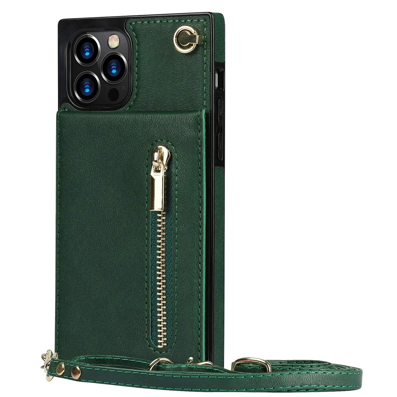 Leather Crossbody Zipper Wallet with Card Holder and Lanyard Strap