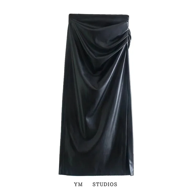 

fashion wind of tall waist drape decorated in the fall and winter of the PU leather skirts open fork straight