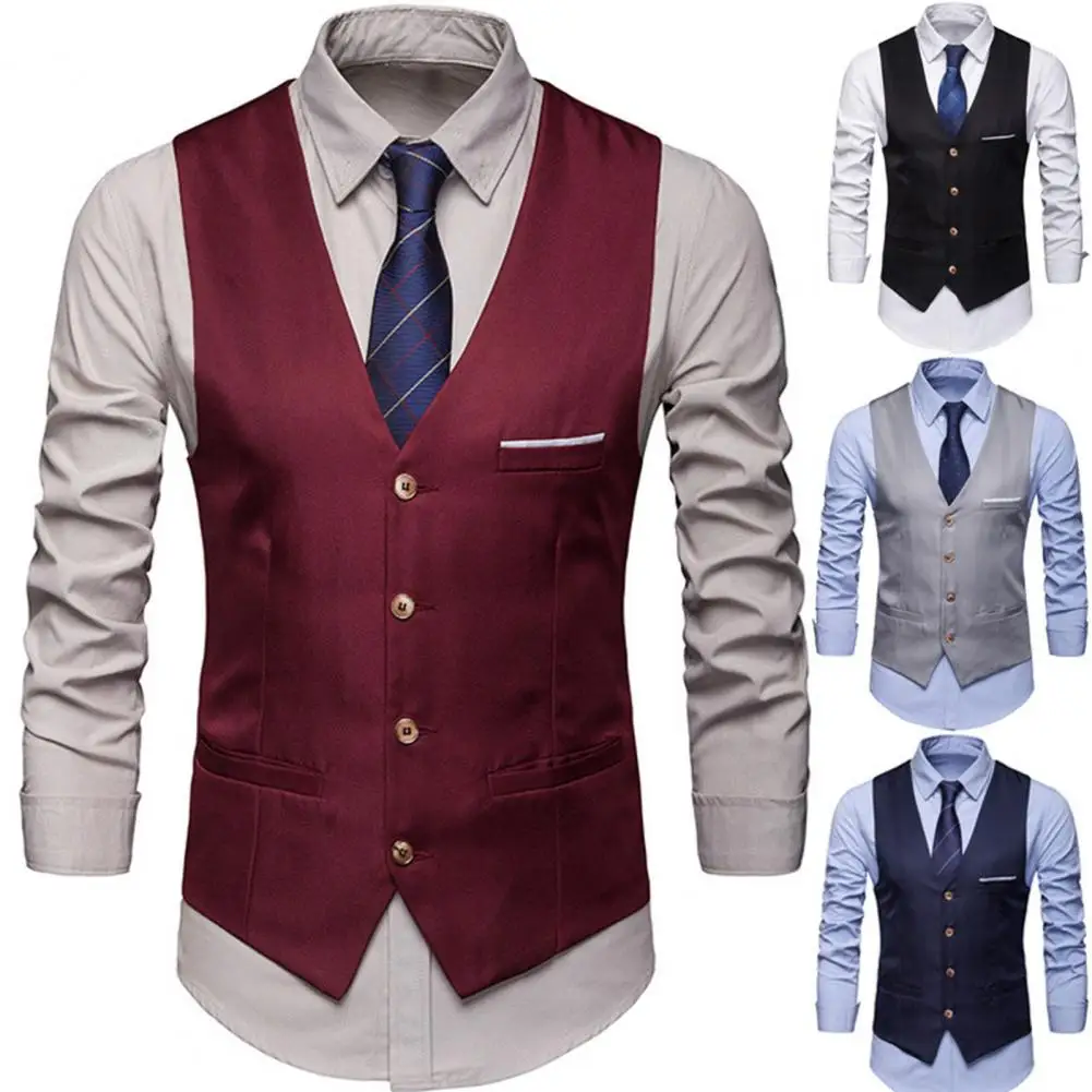 Fashion  Suit Waistcoat Shrink Resistant Solid Color Men Wedding Waistcoat Slim Fit Lightweight Business Vest for Party