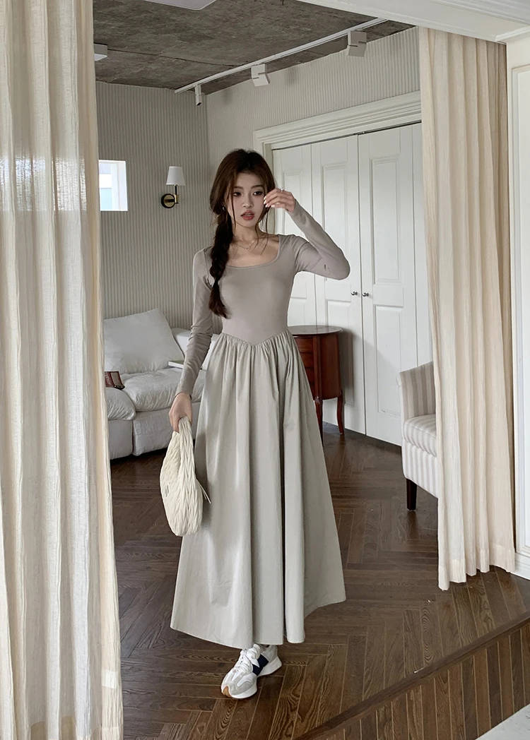 Casual Knitted Midi Dresses for Women Solid Long Sleeves Square Collar A-line Autumn New Elegant Dress Female Slim Vestidos