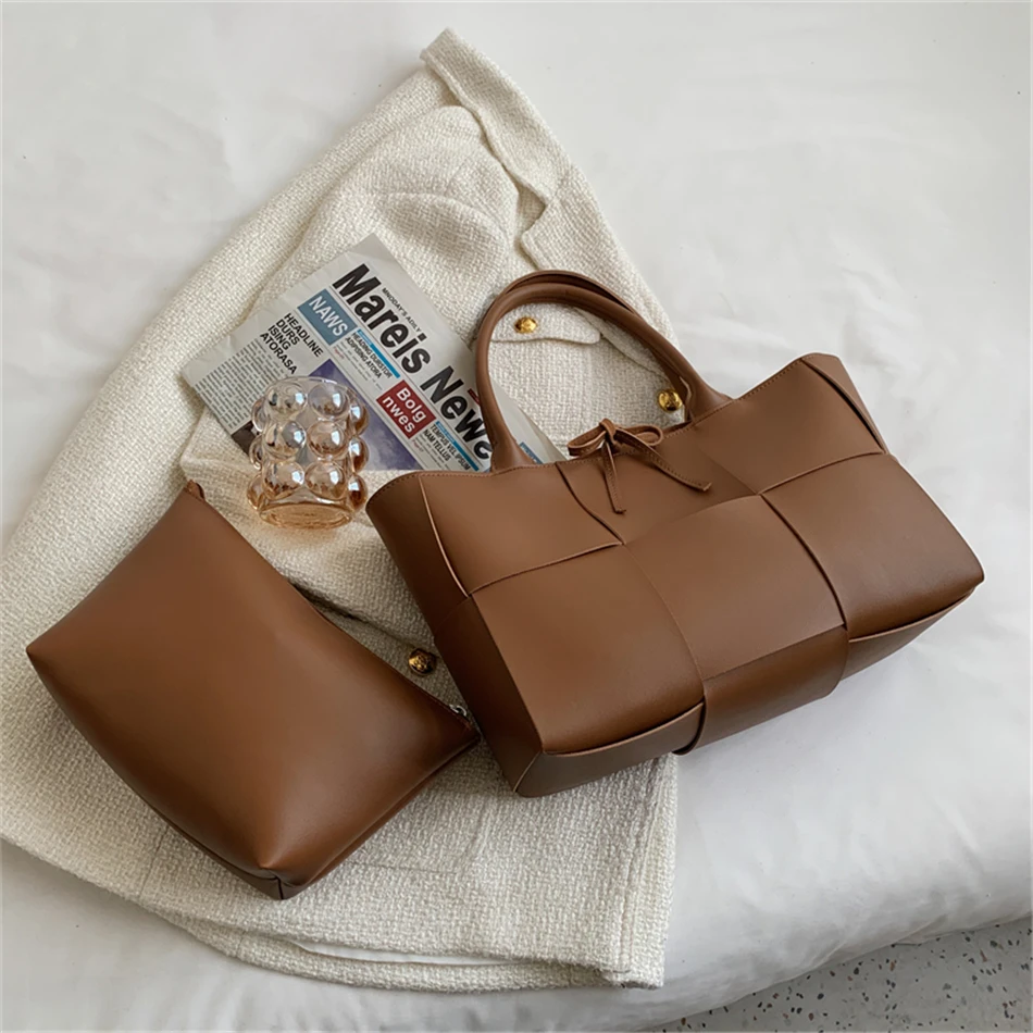2 Set Weave Large Capacity Women's Tote Bags PU Leather Shoulder Bags for Women 2022 Fashion Lady Top-handle Bag Luxury Handbags 