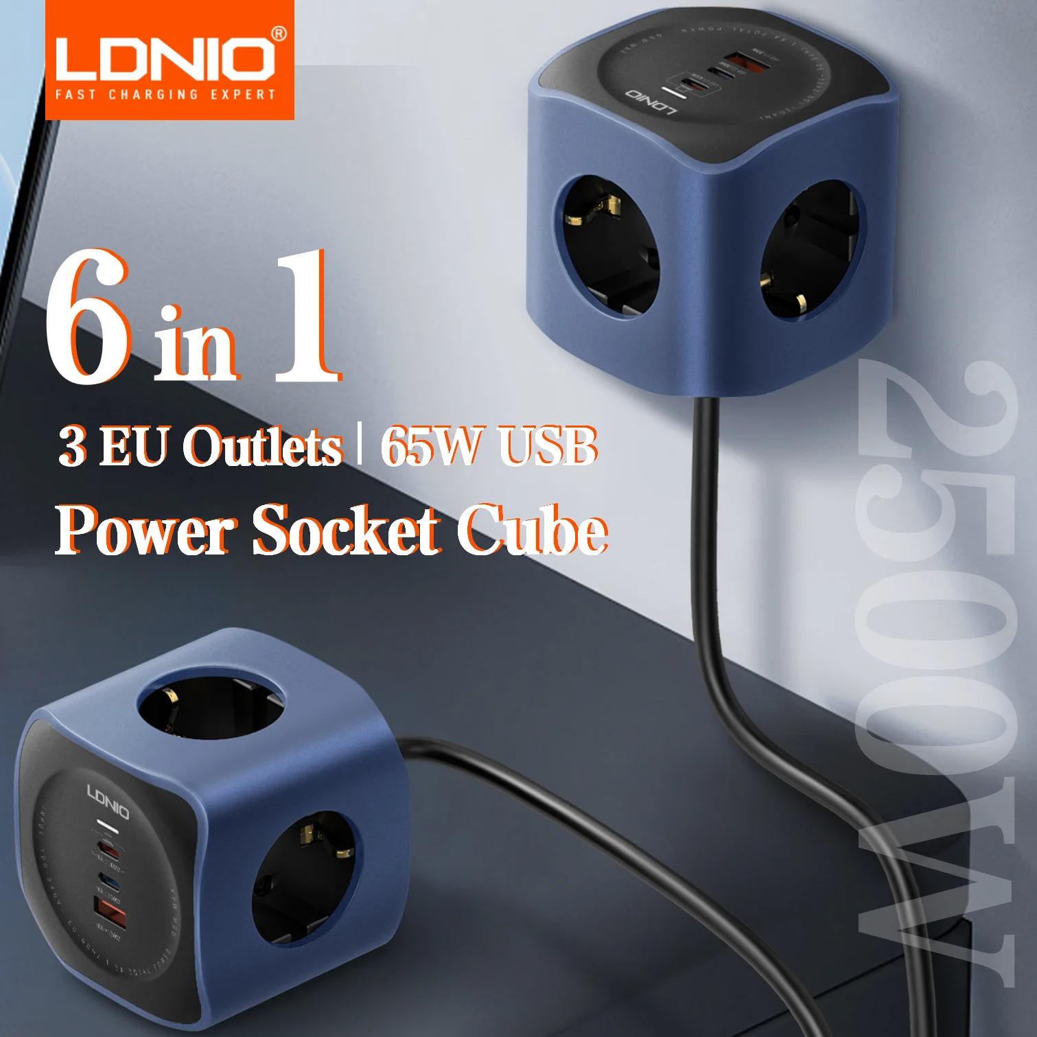 LDNIO 6-in-1 EU power strip surge protector 3 AC outlets 65W 2 USB C USB A Fast charging port 2m extension cord desktop charging