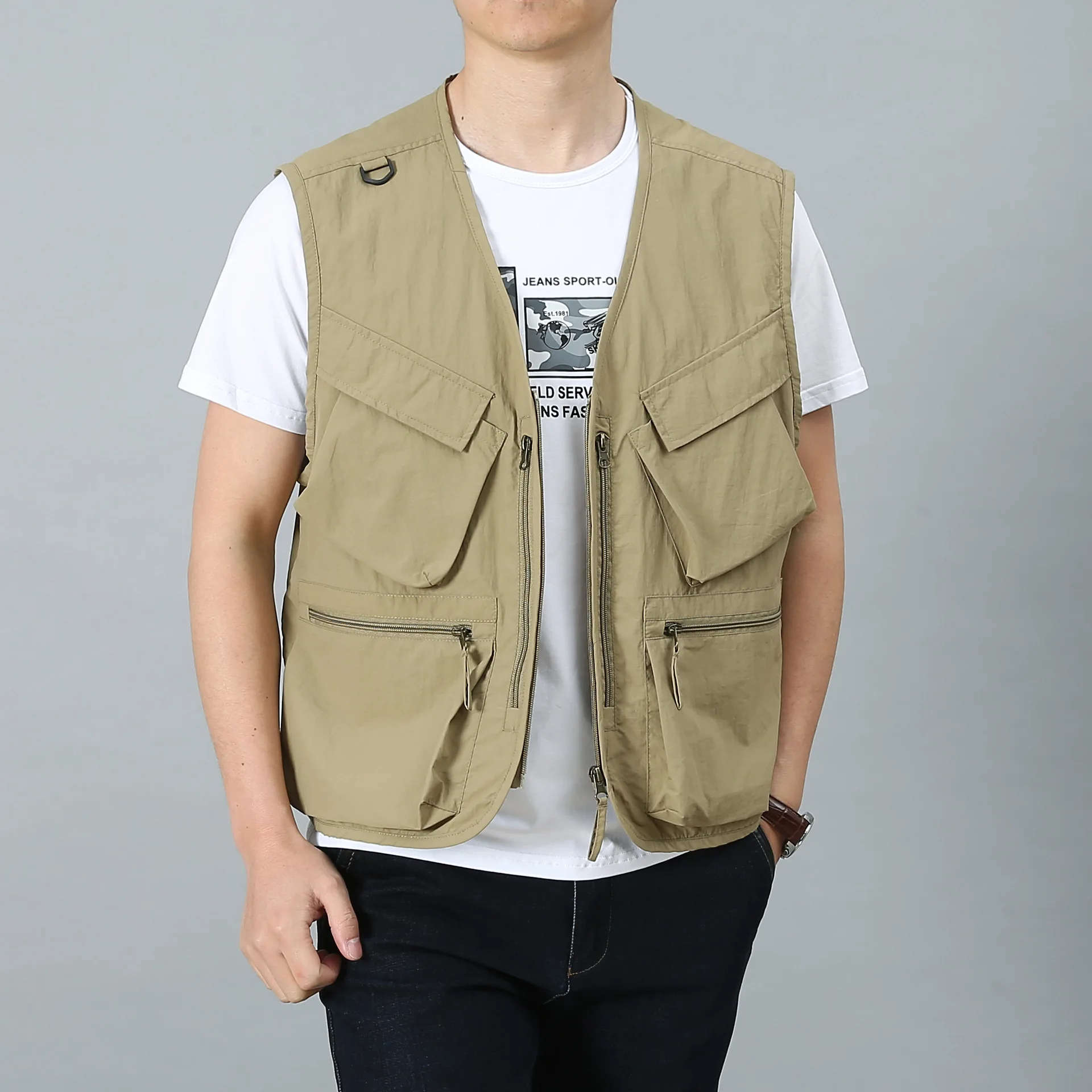 봄과 가을 조끼 야외 낚시 겉옷 멀티 가방 사진 남성 중년 및 노년 민소매 v 넥 탱크 탑