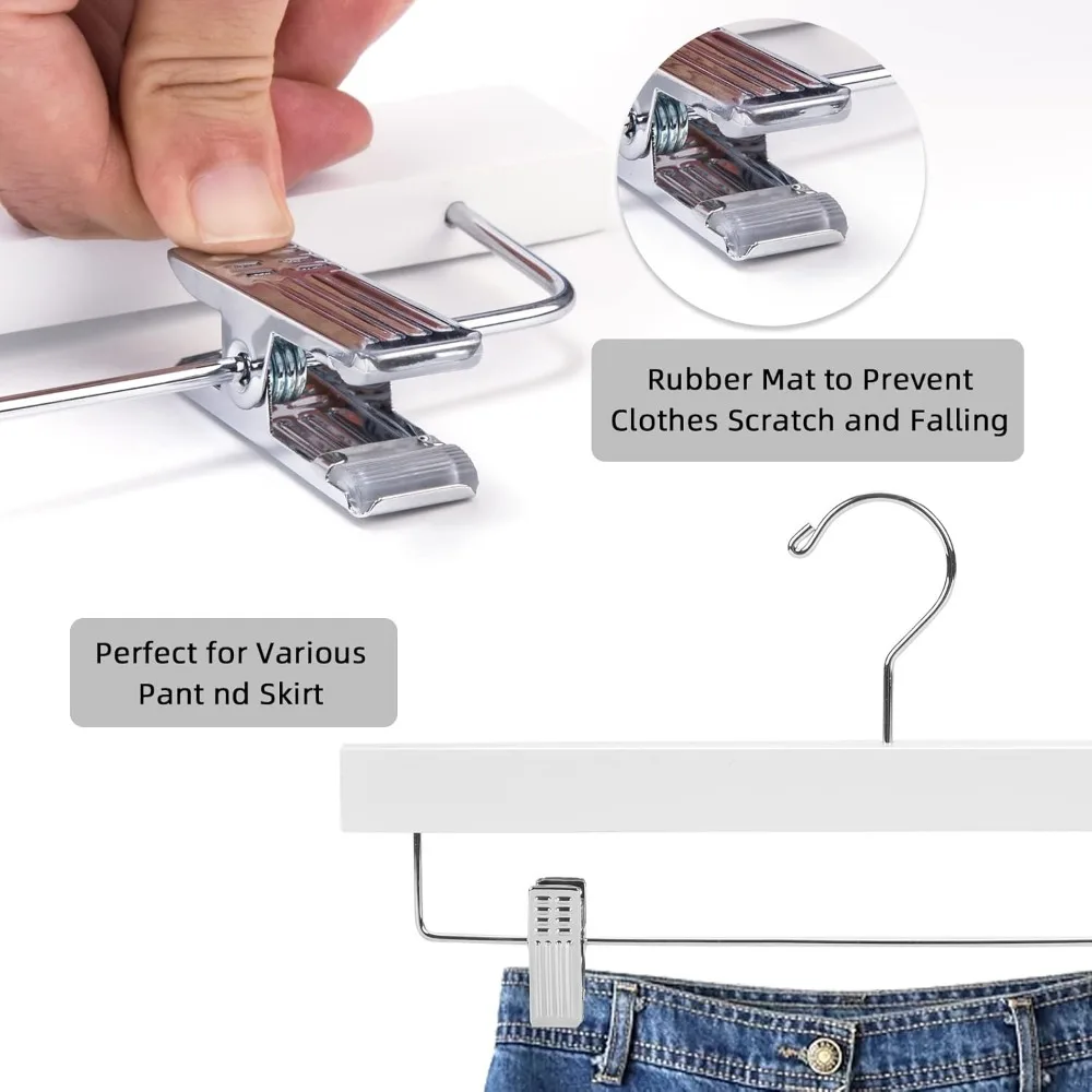 Wooden Pants Hangers Wood Bottom Jeans Skirt Hanger with Clips Anti Rust Hook Pack of 10 (White)